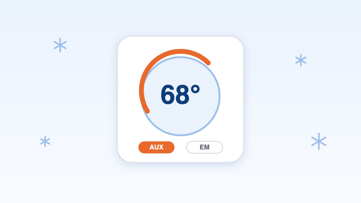 Illustration of a heat pump thermostat showing aux and emergency heat buttons