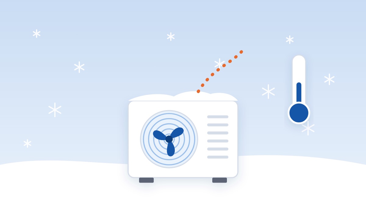 Illustration of a heat pump running in the snow next to a thermometer