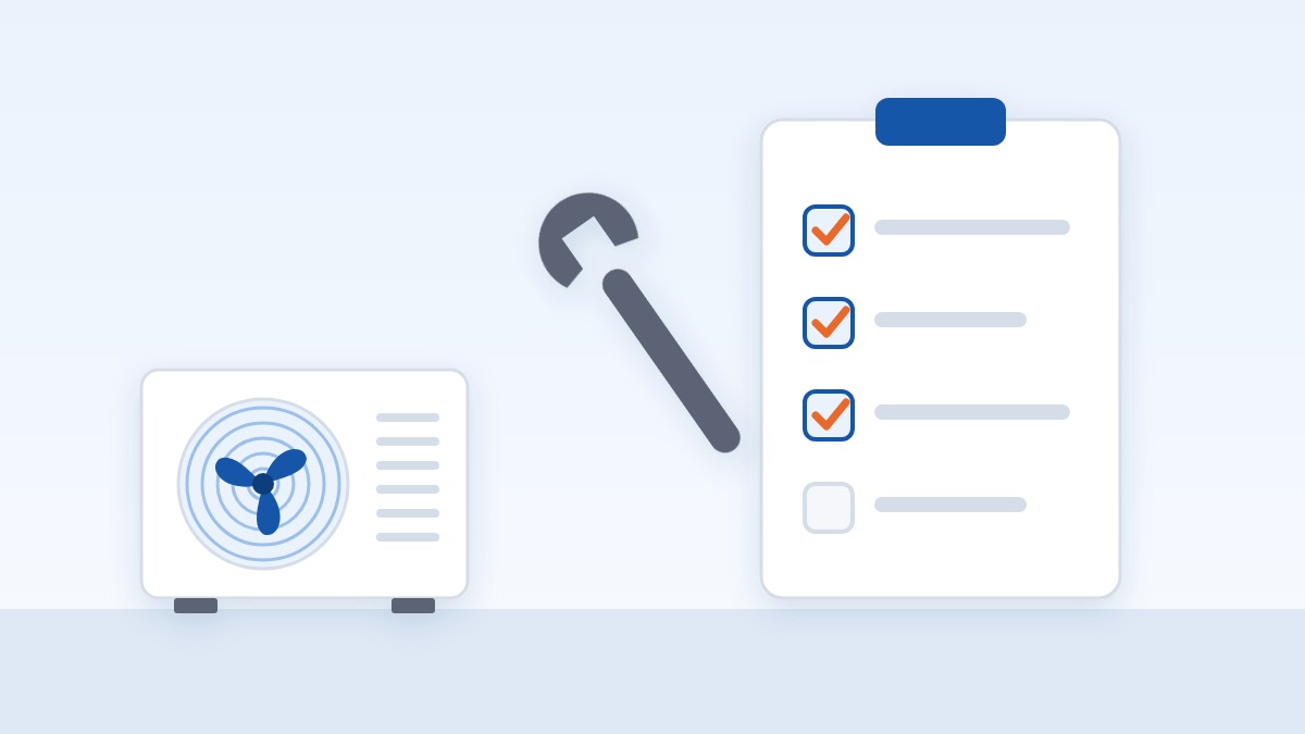 Illustration of a heat pump, a wrench, and a maintenance checklist
