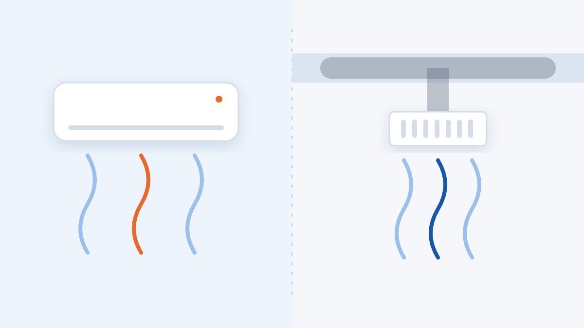 Illustration comparing a wall-mounted mini-split with a ducted ceiling vent