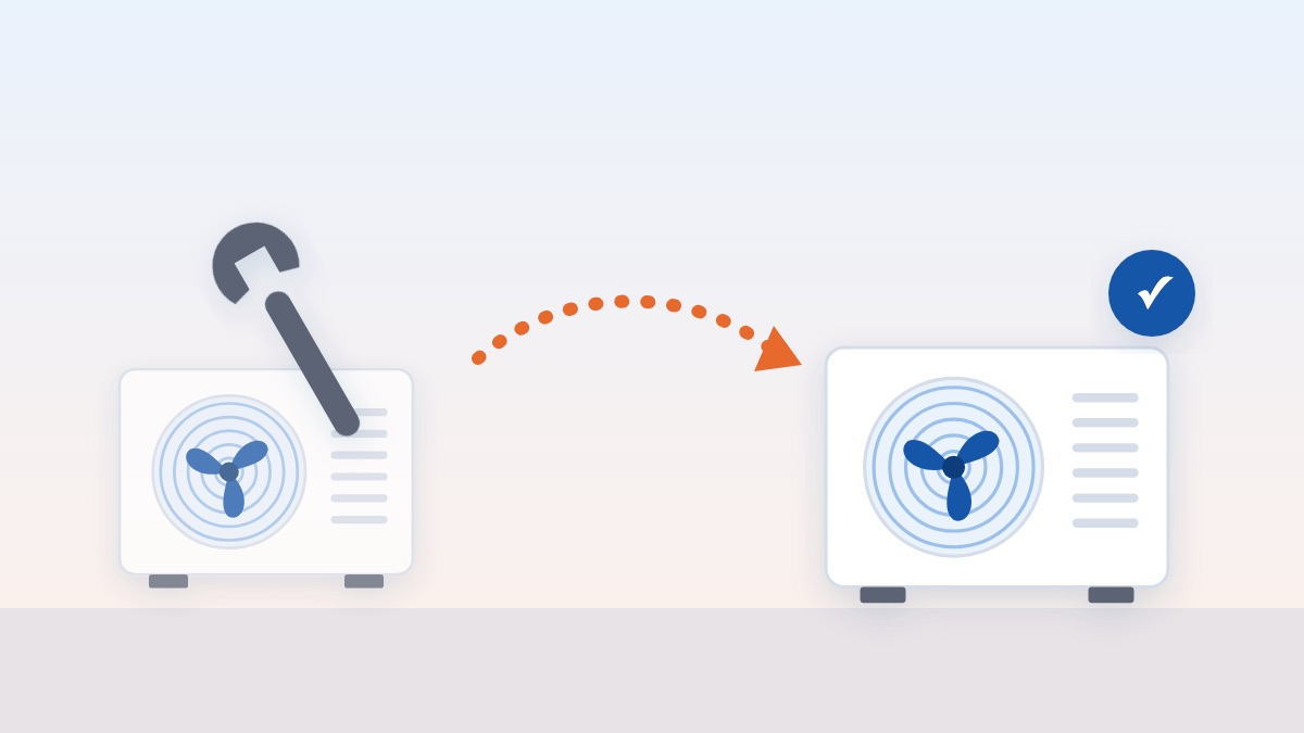 Illustration of an old heat pump with a wrench and an arrow to a new unit